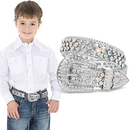 XZQTIVE Gürtel Kinder Glitzer Gürtel für Jungen Mädchen Kinder Strass Gürtel Western Cowboy Cowgirl Kindergürtel mit Diamant Kristall Taille Gürtel Bling Gürtel (Silber,75cm) von XZQTIVE