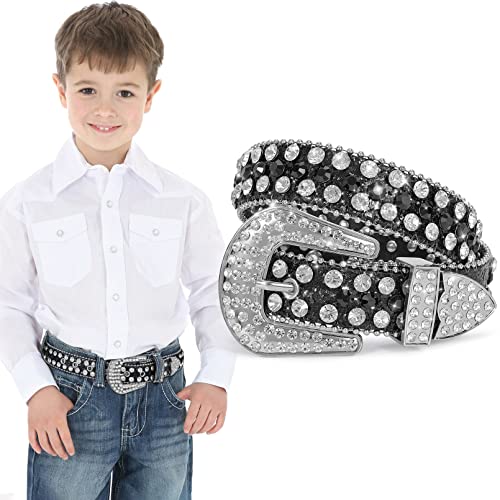 XZQTIVE Gürtel Kinder Glitzer Gürtel für Jungen Mädchen Kinder Strass Gürtel Western Cowboy Cowgirl Kindergürtel mit Diamant Kristall Taille Gürtel Bling Gürtel (Silber Schwarz,75cm) von XZQTIVE