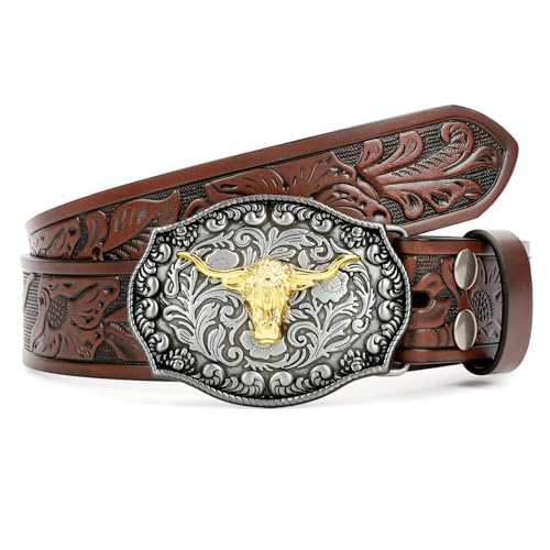 XZQTIVE Western Leder Gürtel für Herren Damen Floral graviert Cowboy Schnalle Gürtel Longhorn Stier Schnalle Taillegürtel,Braun,Passform Taillenumfang 104-114cm von XZQTIVE