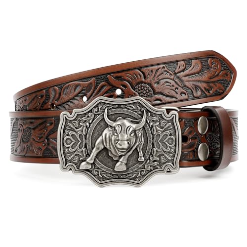 XZQTIVE Western Leder Gürtel für Herren Damen Floral graviert Cowboy Schnalle Gürtel Longhorn Stier Schnalle Taillegürtel,Braun,Passform Taillenumfang 114-124cm von XZQTIVE