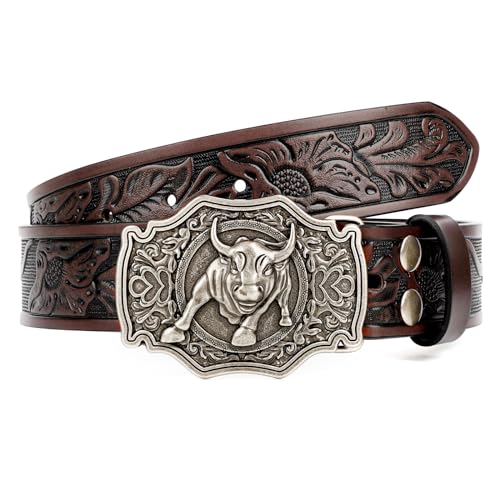 XZQTIVE Western Leder Gürtel für Herren Damen Floral graviert Cowboy Schnalle Gürtel Longhorn Stier Schnalle Taillegürtel,Kaffee,Passform Taillenumfang 104-114cm von XZQTIVE