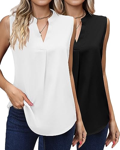 Damen Sommer Ärmellose lose lose Blusen V-Ausschnitt Tank Tops Cool Chiffon Split Tops Freizeit Arbeit Shirts, Schwarz und Weiß, M/L von Xaatren