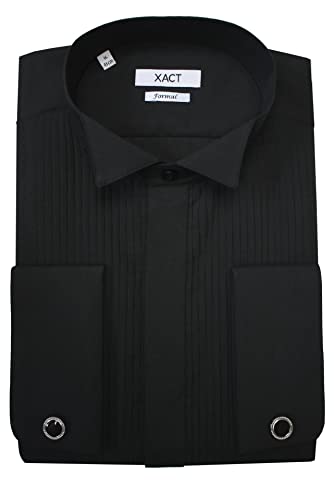 Xact Herren Formales Smokinghemd, Doppelmanschette - Manschettenknöpfe inklusive (Black - Wing Collar - Pleated Fly Front) 38 von Xact
