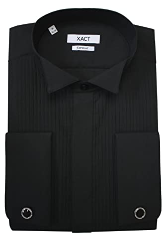 Xact Herren Formales Smokinghemd, Doppelmanschette - Manschettenknöpfe inklusive (Black - Wing Collar - Pleated Fly Front) 55 von Xact