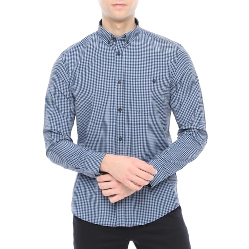 Xact Herren Freizeithemden 'Gingham' Kariert Polokragen Langarm (Denim Blue/Navy) M von Xact