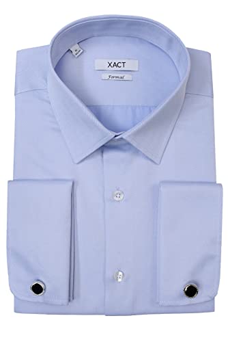 Xact Herren Langarm-Hemd mit Doppelmanschette im Herringbone-Muster - Manschettenknöpfe inklusive (Herringbone - Sky Blue) 49 von Xact