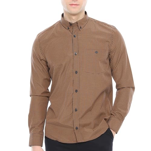 Xact Herren Langarmhemd mit Gingham-Karo, Button-Down-Kragen, Normale Passform (Apricot/Navy) S von Xact