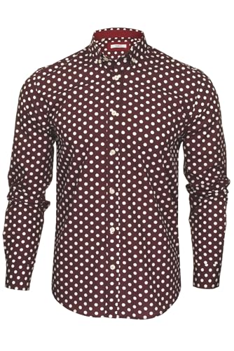Xact Herren Langarmhemd mit Polka-Dot-Muster, Button-Down-Kragen, Slim-fit (Burgundy/White) M von Xact
