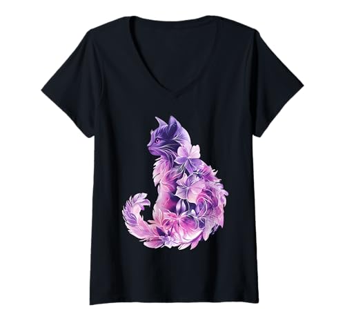 Damen Lila Katze mit Federn und Blumen T-Shirt mit V-Ausschnitt Damen Lila Katze mit Federn und Blumen T-Shirt mit V-Ausschnitt von XanderWitch Creative