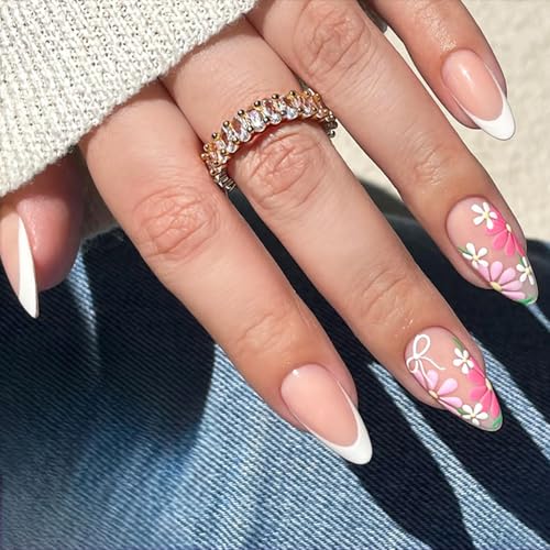 24 Pcs Kurze Mandelpresse Auf Nägeln Mit Farbenfrohen Blumenkunst Acrylstock Für Frauen Und Mädchen Büro Tragen Leicht Zu Auftragen Falsche Nagel Aufzutragen von Xanorrg