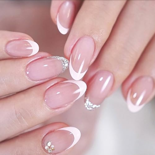 24 Stücke Glänzende Mandel Mandel False Nails Mit Weißen Französischen Spitzen Und Glitzernden Designs Die Auf Frauen Drücken Drücken Auf von Xanorrg