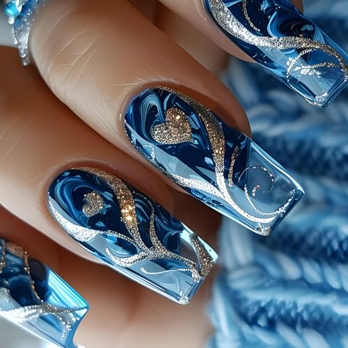 24pcs Long Coffin Press Auf Nägeln Gold Glitzer Herz Design Falsch Blaues Quadratisches Kunst Für Frauen Und Mädchen Herznägelkunst 24pcs Long Coffin Press Auf Nägeln Gold Glitzer Herz Design Falsch Blaues Quadratisches Kunst Für Frauen Und Mädchen Herznägelkunst von Xanorrg