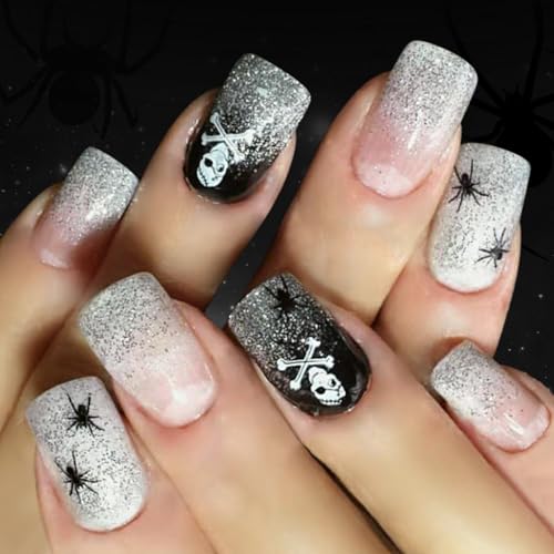 24pcs Square French Tipps Gefälschte Nägel Acryl Glitzer Gradientenstock Für Frauen Halloween Presse An Halloween Presse Nagel von Xanorrg