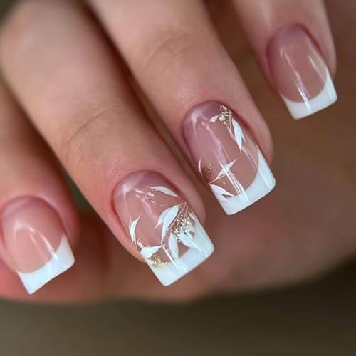 Elegante Französische Tipps Drücken Sie Nägel Mit Blattgoldakzenten 24 Prozent Kurzer Quadratischer Acryl Tipps Für Stilvolle Frauen Einfacher False Falsch Aufzutragen von Xanorrg