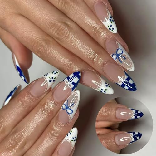 Mandelpresse Auf Nägeln Mit Blaubeere Und Bowknot Design Künstlicher Nägel Glänzende Französische Maniküre Für Frauen Mädchen 24pcs Party Bereit Nagel von Xanorrg