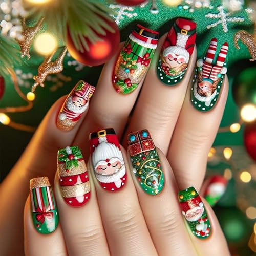 Stylish Santa And Gift Box Press Auf Nägel Weihnachtsstift Auf Winterkunstartikel Für Frauen Und Mädchen 24PCS Saisonal Nagelzubehör von Xanorrg