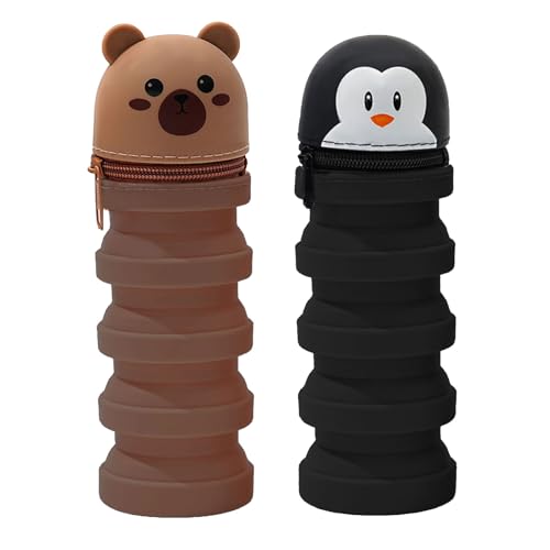 Xanorrg 2pcs Cartoon Stiftkoffer Teleskopbeutel Schreibtischhalter Silikon Reißverschlüsse Bleistifttasche Für Kinder Studentin Tierstifte Hülle von Xanorrg