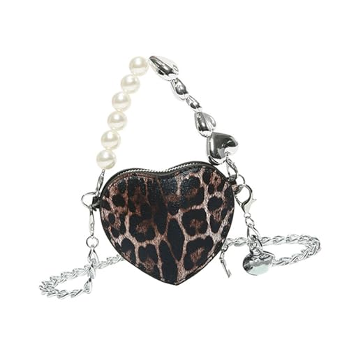 Xanorrg Herzförmige Leoparden Druckpu Umhängetasche Mit Kettenperlen Für Frauen Modische Crossbody Taschen Satchel Geldbörse Freizeitreise Geldbörse von Xanorrg