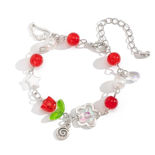 Xanorrg Mode Handgefertigte Handgefertigte Blumenquäppchen Armband Perlen Handchain Verstellbare Länge Armband Schmuck Für Frauen Quasten Blütenarmband von Xanorrg