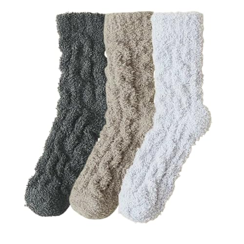 Xanthelle Kuschelsocken, 3 Paar Dicke Socken Damen (Dunkelgrau + Khaki + Hellgrau), Bettsocken Damen, Fluffy Socks, Plüschsocken, Schlafsocken von Xanthelle