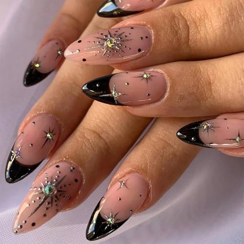 Xanthelle Press On Nails, 24 Stück Black French Tip Nails Almond Medium, Fake Nails mit Gold Glitter & Strass Design, Glossy Full Cover Sommer Press On Nails Damen von Xanthelle
