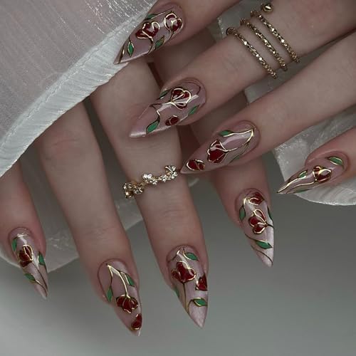 Xanthelle Press On Nails, 24 Stück Flower Nails Almond Medium, Rote Floral Design Fake Nails Glossy Full Cover, French Press On Nails Sommer Nägel für Damen von Xanthelle