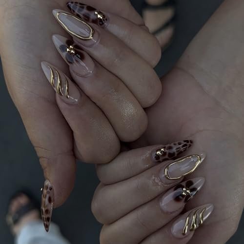 Xanthelle Press On Nails, 24 Stück Leopard Nails Almond Medium, Fake Nails mit Brown Flower Design, Glossy Full Cover Nägel, French Press On Nails Sommer Damen von Xanthelle