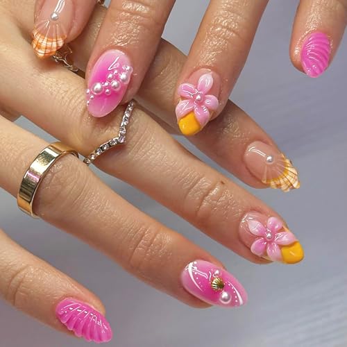 Xanthelle Press On Nails, 24 Stück Nägel zum Aufkleben Sommer, Short Almond Fake Nails mit Perlen & 3D Seashell Design, Kunstnägel French Nails für Damen von Xanthelle
