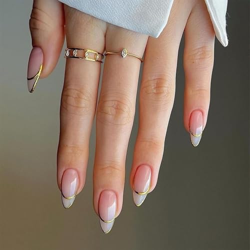 Xanthelle Press on Nails, Nude Mandel Nägel mit Goldrand French Design, Künstliche Nägel Set für Damen, DoNails Fake Nails Nagel Tips von Xanthelle