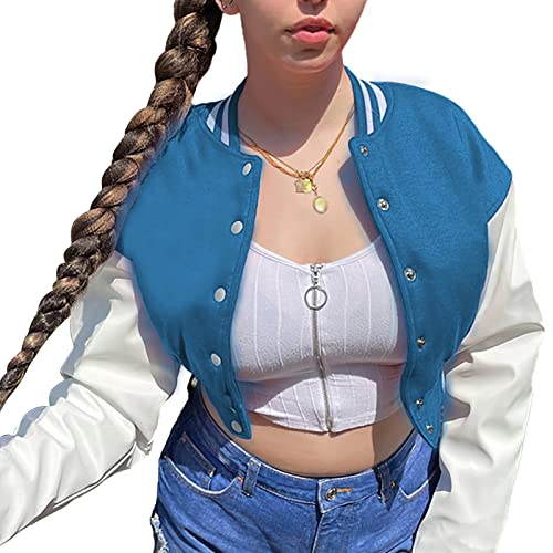 XASPEE Damen Casual Baseballjacke Kunstleder Colorblock Knopf Crop Bomberjacke, Blau, M von Xaspee