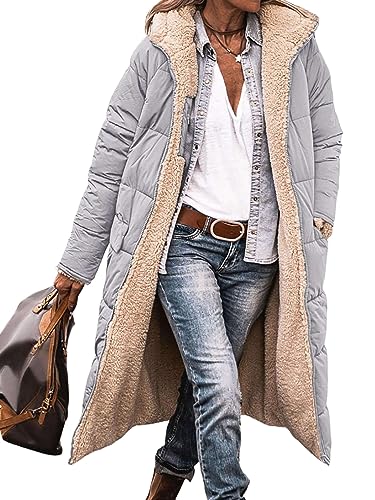 Xatilo Damen Sherpa -Mantel Einfarbig Mäntel Lange Ärmel Fleecejacke Bequem Oberbekleidung Frauen Mit Kapuze Urlaub Hellblau L von Xatilo