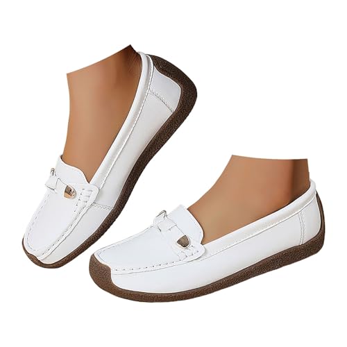Damen Flacher Loafer Elegant Mokassins Slippers Frauen Slip On Leichte Bootsschuhe Klassische Loafer Bequeme Fahrerschuhe Freizeitschuhe (White, 38.5) von Xbemkste