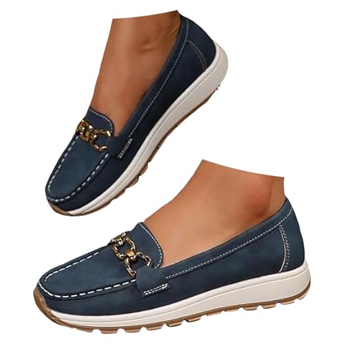 Damen Flacher Loafer mit Schnalle Elegant Mokassins Slippers Frauen Slip On Bequeme Fahrerschuhe Freizeitschuhe Leichte Bootsschuhe Klassische Loafer (Blue, 40.5) von Xbemkste