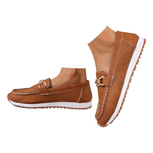 Damen Flacher Loafer mit Schnalle Elegant Mokassins Slippers Frauen Slip On Bequeme Fahrerschuhe Freizeitschuhe Leichte Bootsschuhe Klassische Loafer (Brown, 37.5) von Xbemkste