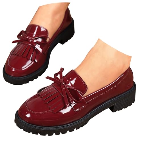 Damen Loafer mit Absatz Klassisch Loafer Lack Mokassins Geschlossener Zehen Business Slipper Halbschuhe Frauen Slip On Plateau Schuhe Arbeitsschuhe (Red, 39) von Xbemkste