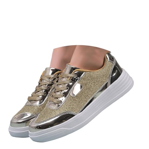 Damen Sneaker Glitzer Lackschuhe Halbschuhe Frauen Schnürschuhe Bequeme Sportschuhe Flach Walkingschuhe Schicke Freizeitschuhe Laufschuhe für Alltag (Gold, 40.5) von Xbemkste