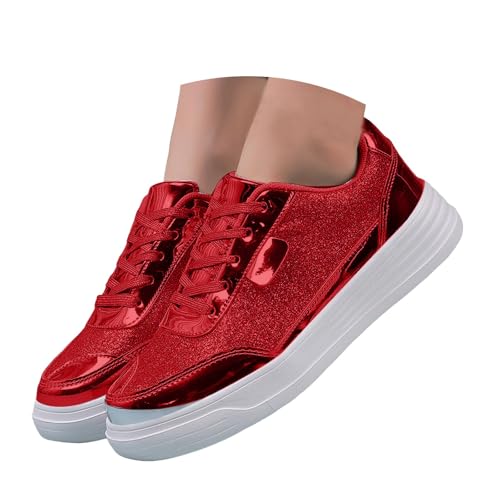 Damen Sneaker Glitzer Lackschuhe Halbschuhe Frauen Schnürschuhe Bequeme Sportschuhe Flach Walkingschuhe Schicke Freizeitschuhe Laufschuhe für Alltag (Red, 40) von Xbemkste