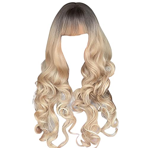 Perücke Damen Festival Zubehör 26 Zoll weiße Blondine lange wellige lange lockige Haare Mode reizvoll schön für den täglichen Gebrauch Haarnetz Festival Outfit Damen Cosplay (White Gold, One Size) von Xbemkste