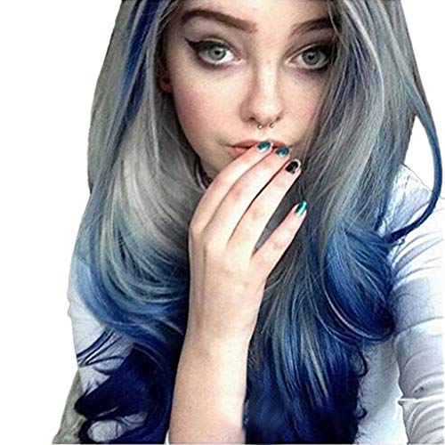 Perücke Damen Festival Zubehör Cosplay lang gerade synthetische volle Lila Perücke lockige Rosa Frauen wellige Haarperücke Wig Festival Zubehör Party Gadgets (Blue and Gray, One Size) von Xbemkste