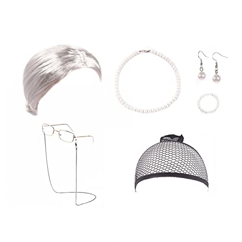 Perücke Damen Festival Zubehör Dame Perücke Oma Cosplay Perücke Dame Kostüm für Frauen Oma Perücke Mütze Brille Kette Perlenkette Ohrring Armband (7 Stück) Human Hair Wig Festival Gadget (Silver, One Size) von Xbemkste