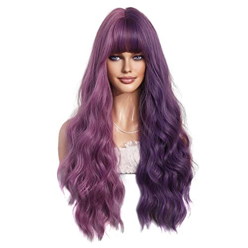 Perücke Damen Festival Zubehör Langes lockiges Haar Perücke weiblich langes Haar lila Farbverlauf realistische natürliche Chemikalien Faser Haar Kopfbedeckung Kostüm Herren Festival (Purple, One Size) von Xbemkste