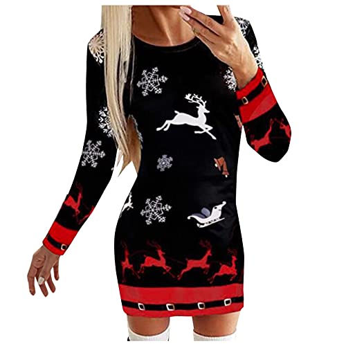 Geschenke für Frauen Weihnachtspullover Damen Strickkleid Damen Weihnachtskleid Damen Pullover Damen Winter Weihnachtsmann Kostüm Weihnachtspullover Frauen Geschenk Strickkleid Damen (A1-Black, S) von Xbemkste