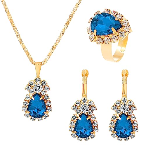 Kette Damen Wassertropfen-Schmuckset, personalisierbar, modisch, bunt, Wasser-Halskette, Ohrringe, Ring-Set, Brautschmuck Geschenke zur Hochzeit (Sky Blue, One Size) von Xbemkste