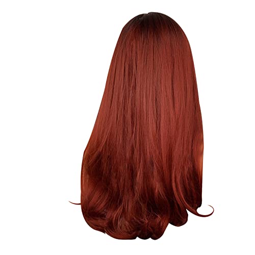 Perücke Damen Festival Zubehör Hochtemperatur-Seidenperücke im europäischen und amerikanischen Stil, Damenperücke, schwarz, , rot, langes lockiges Haar, geeignet für Partys, Lace Front Wig (Red, One Size) von Xbemkste