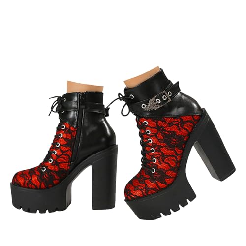 Plateau Stiefeletten Damen Blockabsatz mit Reißverschluss Kurz Schnürstiefel High Heels Boots Vintage Spitze Kurzschaft Stiefel Ankle Boots Elegant Damenstiefel (A, 37) von Xbemkste
