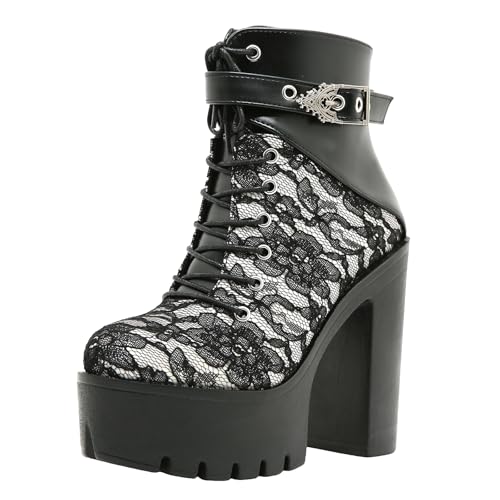 Plateau Stiefeletten Damen Blockabsatz mit Reißverschluss Kurz Schnürstiefel High Heels Boots Vintage Spitze Kurzschaft Stiefel Ankle Boots Elegant Damenstiefel (B, 35) von Xbemkste