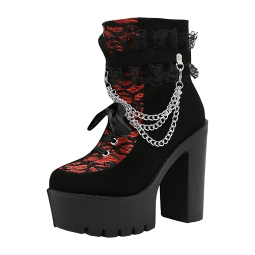 Plateau Stiefeletten Damen Blockabsatz mit Reißverschluss Kurz Schnürstiefel High Heels Boots Vintage Spitze Kurzschaft Stiefel Ankle Boots Elegant Damenstiefel (C, 36) von Xbemkste
