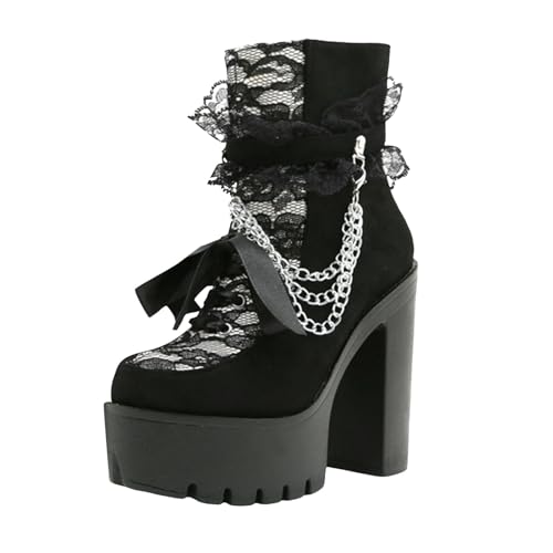 Plateau Stiefeletten Damen Blockabsatz mit Reißverschluss Kurz Schnürstiefel High Heels Boots Vintage Spitze Kurzschaft Stiefel Ankle Boots Elegant Damenstiefel (D, 38.5) von Xbemkste