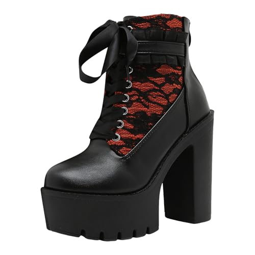 Plateau Stiefeletten Damen Blockabsatz mit Reißverschluss Kurz Schnürstiefel High Heels Boots Vintage Spitze Kurzschaft Stiefel Ankle Boots Elegant Damenstiefel (E, 40.5) von Xbemkste