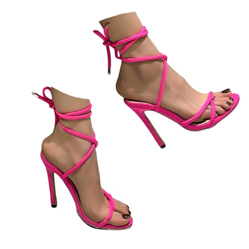Pumps Damen Riemchenpumps High Heels Schuhe Elegant Stiletto Schuhe Open Toe Brautschuhe Schicke Spitzenschuhe Hochzeitsschuhe Abendschuhe für Dating Party (Red, 40.5) von Xbemkste